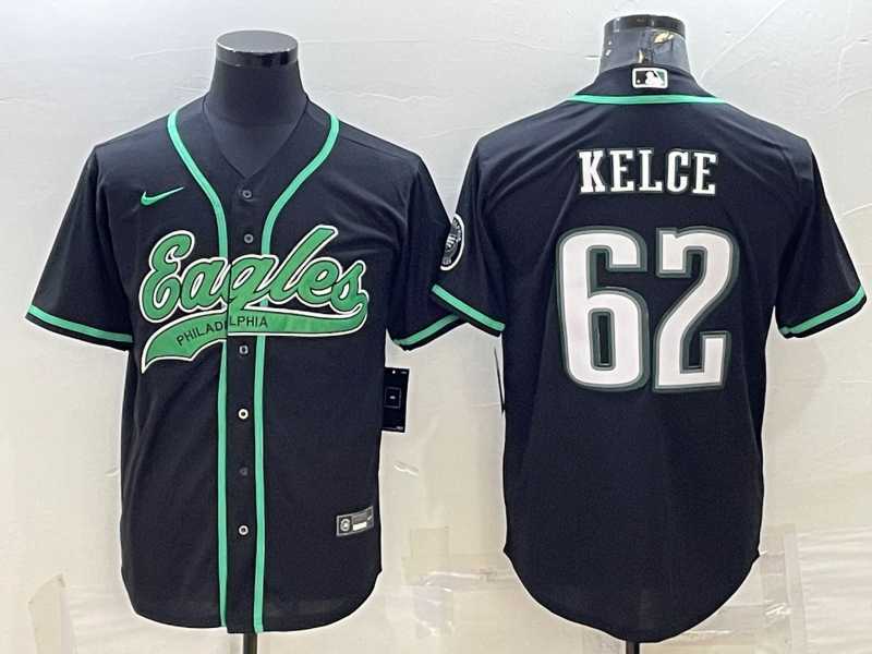 Mens Philadelphia Eagles #62 Jason Kelce Black With Patch Cool Base Stitched Baseball Jersey